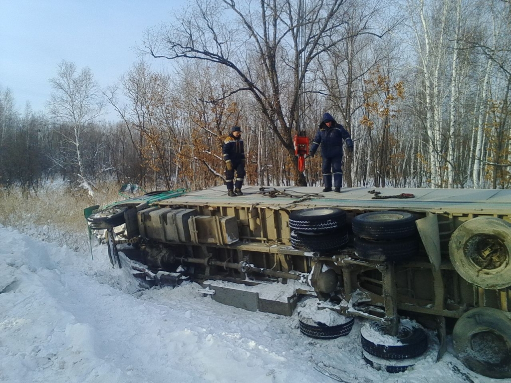 Грузовой автомобиль с уснувшим за рулем водителем съехал в кювет в Смидовичском районе ЕАО, Фото с места события из других источников
